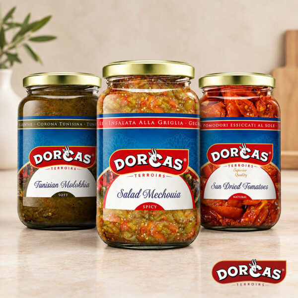 DORCAS Salad Mechouia, Sun Dried Tomatoes,Tunisian Molokhia